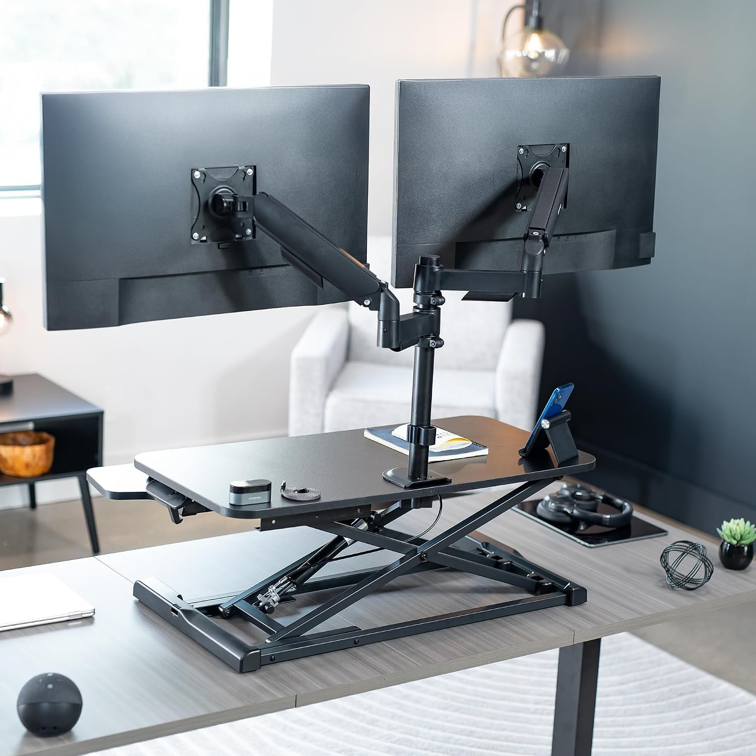 VIVO 32 inch Standing Desk Converter with Dual Monitor Mount for up to 32 inch Screens, Height Adjustable Riser with Mechanical Spring Arms, Black, DESK-KIT-0K2K