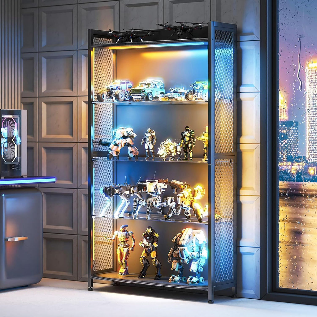 AODK Display Case with LED Lights, Display Cabinet with Glass Storage Shelves and Industrial Metal Mesh, 4-Tier Display Shelf for Collectibles, Curio Cabinet with Open Shelf, Black Book Shelf