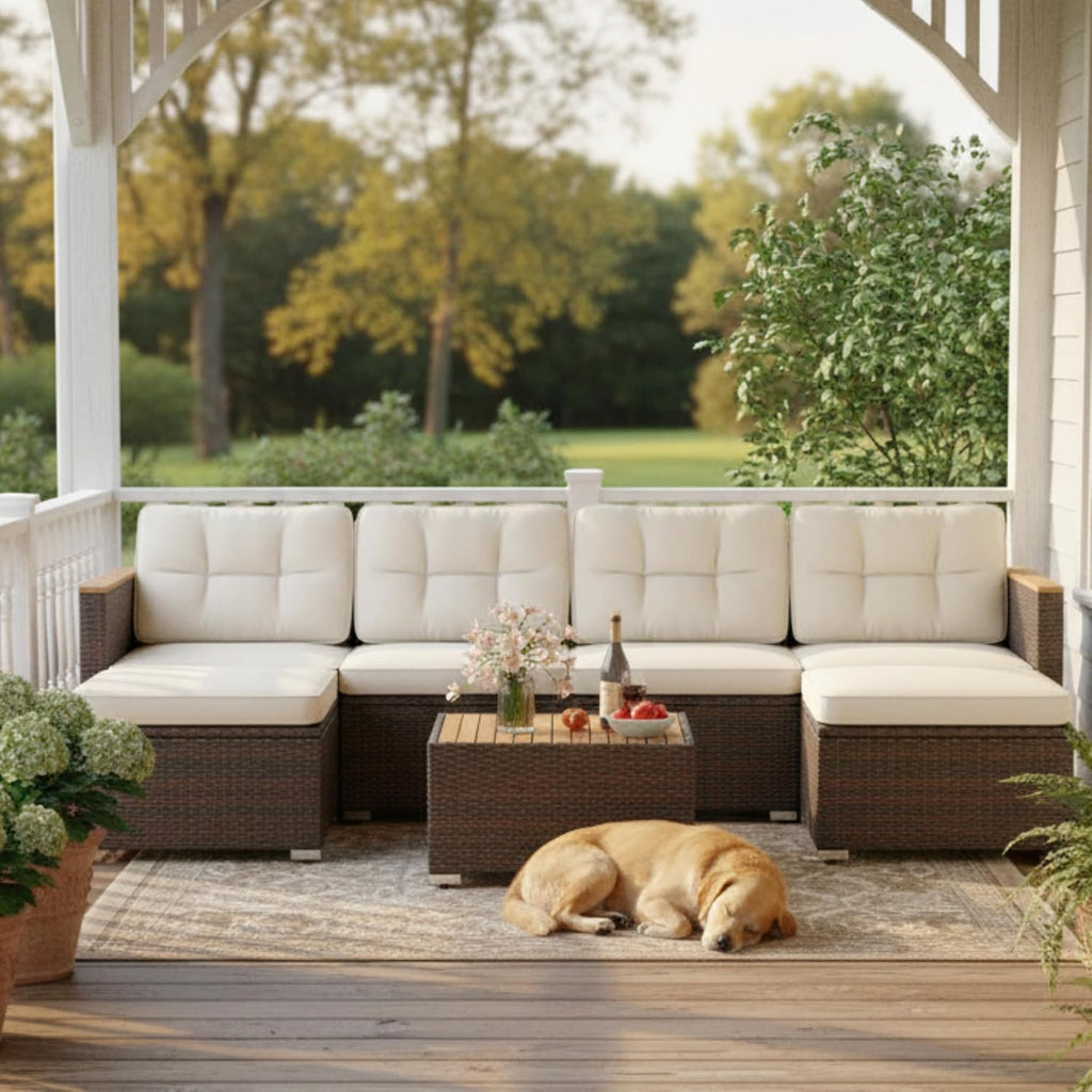 Tangkula 7 Pieces U Shape Outdoor Furniture Set, Patio Rattan Cushioned Chairs & Coffee Table Set, Outdoor Sectional Conversation Sofa with Wood Armrests & Tabletop for Backyard, Porch, Balcony