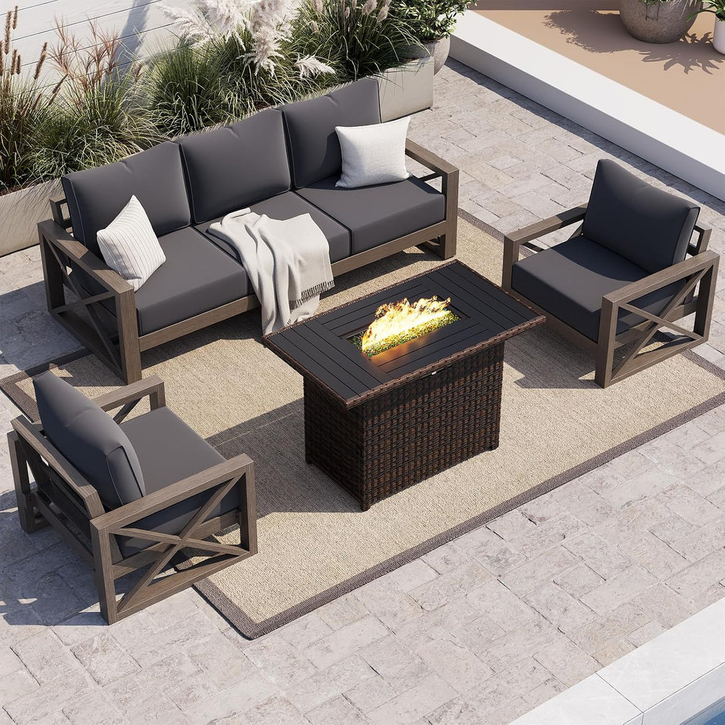 UDPATIO Aluminum Patio Furniture Set, Faux Wood Grain Modern Outdoor Furniture, 6' Cushions Metal Patio Conversation Sofa with Fire Table for Poolside Deck, 6 PCS, Dark Grey(Include 600D Covers)