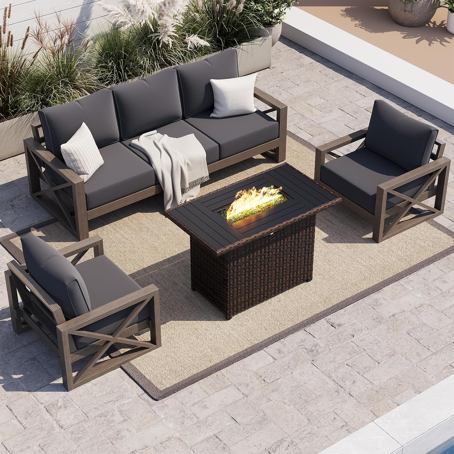UDPATIO Aluminum Patio Furniture Set, Faux Wood Grain Modern Outdoor Furniture, 6' Cushions Metal Patio Conversation Sofa with Fire Table for Poolside Deck, 6 PCS, Dark Grey(Include 600D Covers)