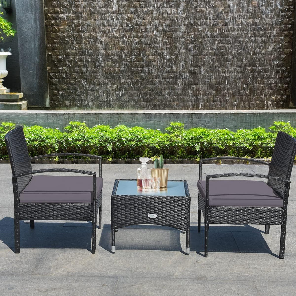 HAPPYGRILL 3 Pieces Rattan Patio Bistro Set, Outdoor Conversation Set, Patio Furniture Set with Glass Coffee Table & Soft Cushions for Balcony Garden Poolside