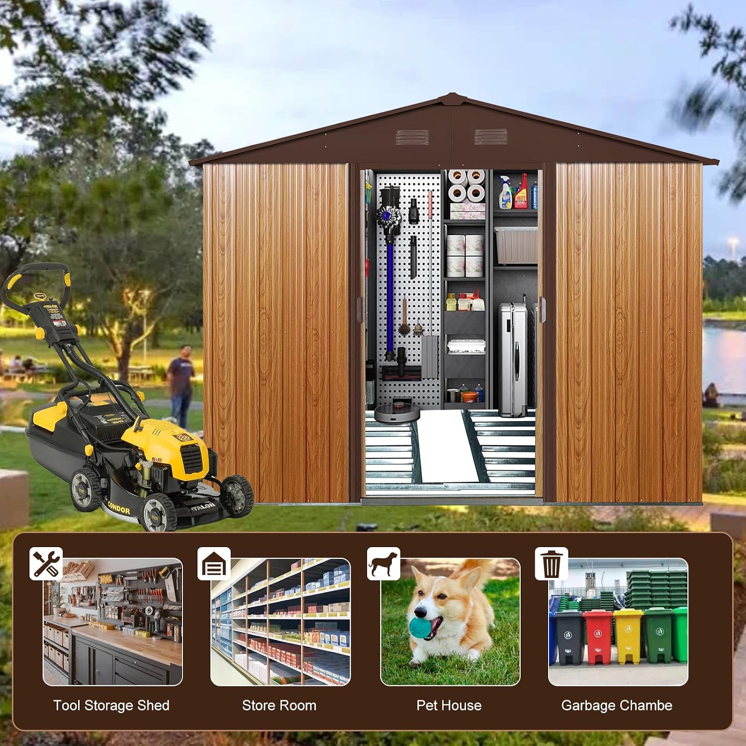 Favfurish 10x8 FT Outdoor Storage Shed, Garden Tool House with Metal Floor Base, Double Sliding Doors, Air Vents, Storage Clearance for Backyard, Patio, Garage, Lawn, Coffee
