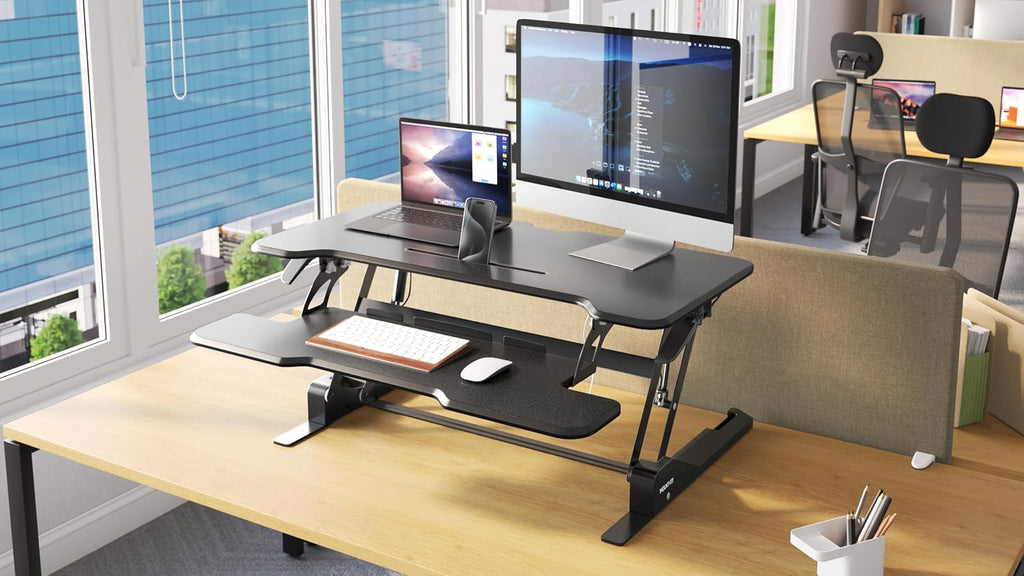 Mount-It! 38 Inch Standing Desk Converter - Gas Spring Sit Stand Desk Riser for Dual Monitors - Height Adjustable Desktop Workstation with Keyboard Tray - Black