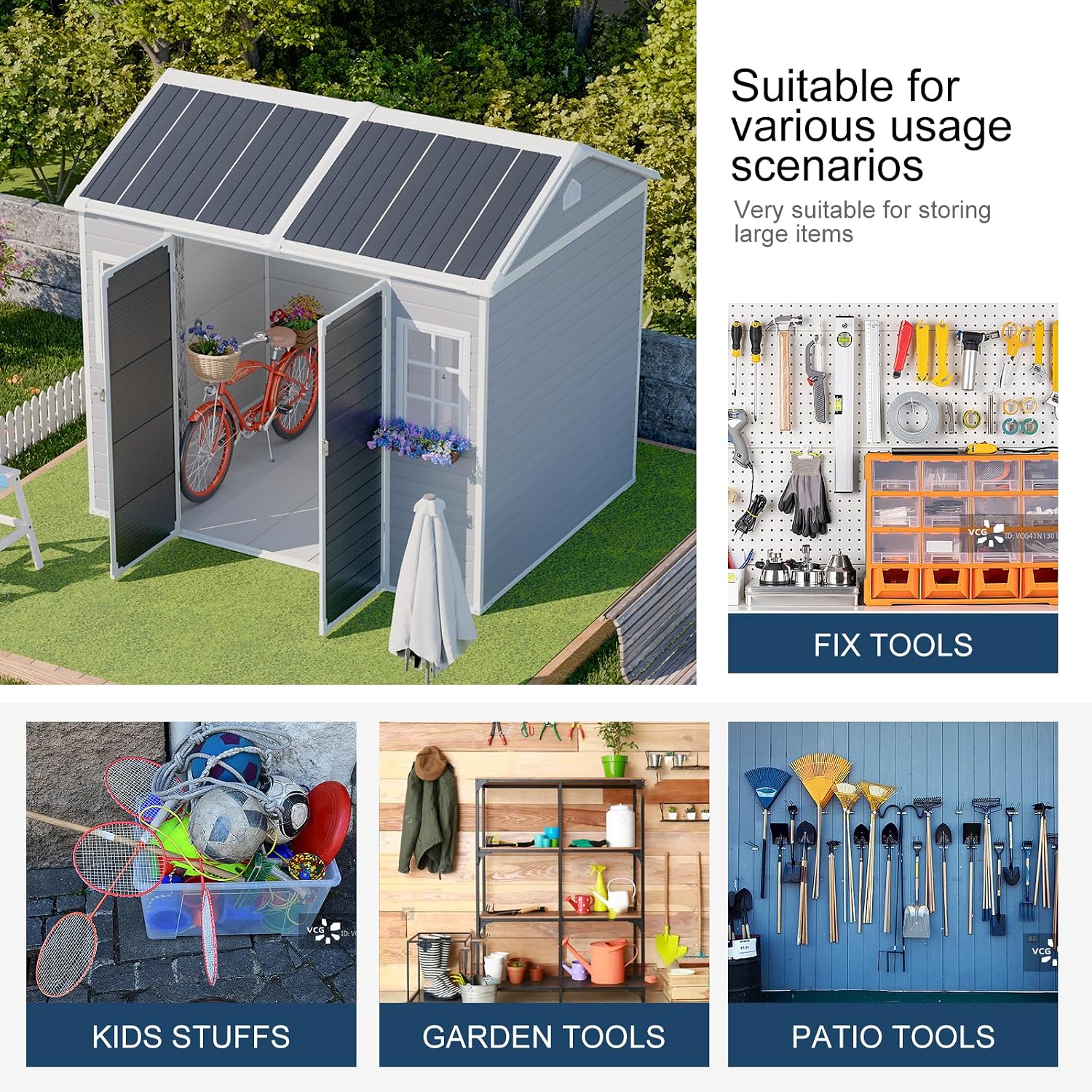 8x6x7 FT Resin Storage Sheds with Floor Unique Openable 2 Windows, Heavy Duty Frame Waterproof Outdoor Plastic Garden Shed Kit with Base for Backyard Patio Lawn Tools Storage, Gray,Large