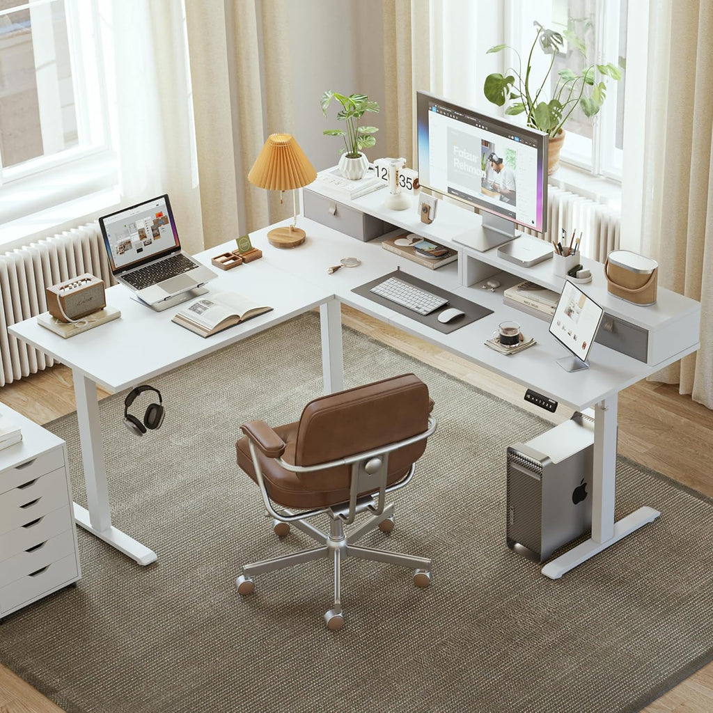 Agilestic L Shaped Electric Standing Desk with 2 Drawers, 63 Inch Ergonomic Adjustable Height Desk with Storage, Corner Desk Sit Stand up Computer Table for Work Office Home, White