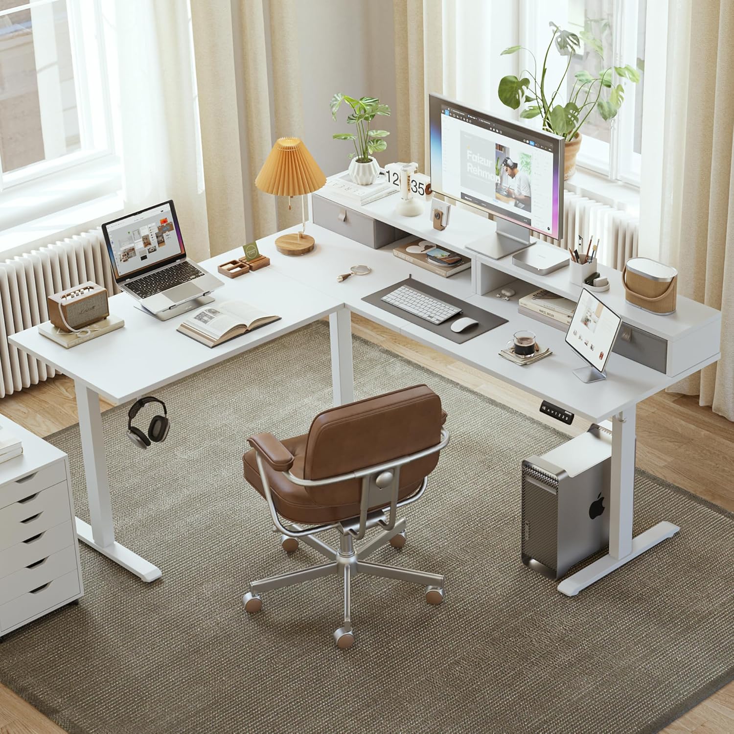 Agilestic L Shaped Electric Standing Desk with 2 Drawers, 63 Inch Ergonomic Adjustable Height Desk with Storage, Corner Desk Sit Stand up Computer Table for Work Office Home, White