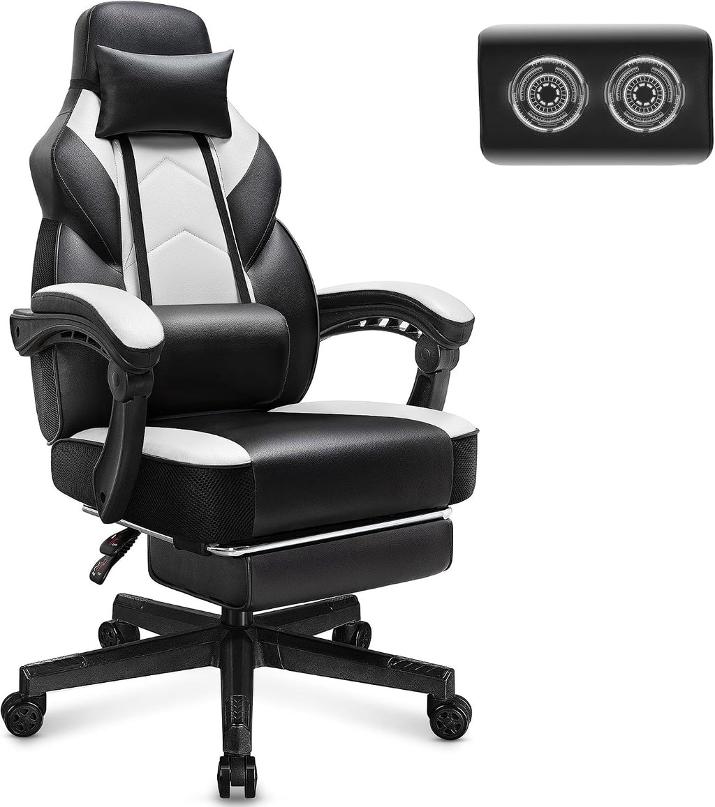 Big and Tall Gaming Chair for Adults, Heavy Duty Computer Chair with Footrest, Video Game Chair, Massage Lumbar Support, Wide Seat High Back Reclining Desk Chair, White