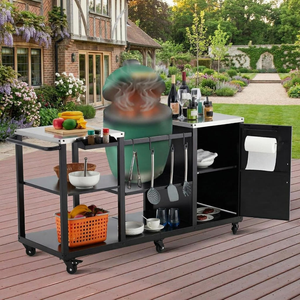 Grill Table Cart Compatible with Big Green Egg, Heavy-Duty Metal Grill Stand with Stainless Steel Side Tables, Storage Shelf, Hooks, Spice Rack, Paper Towel Holders & Garbage Bag Rack