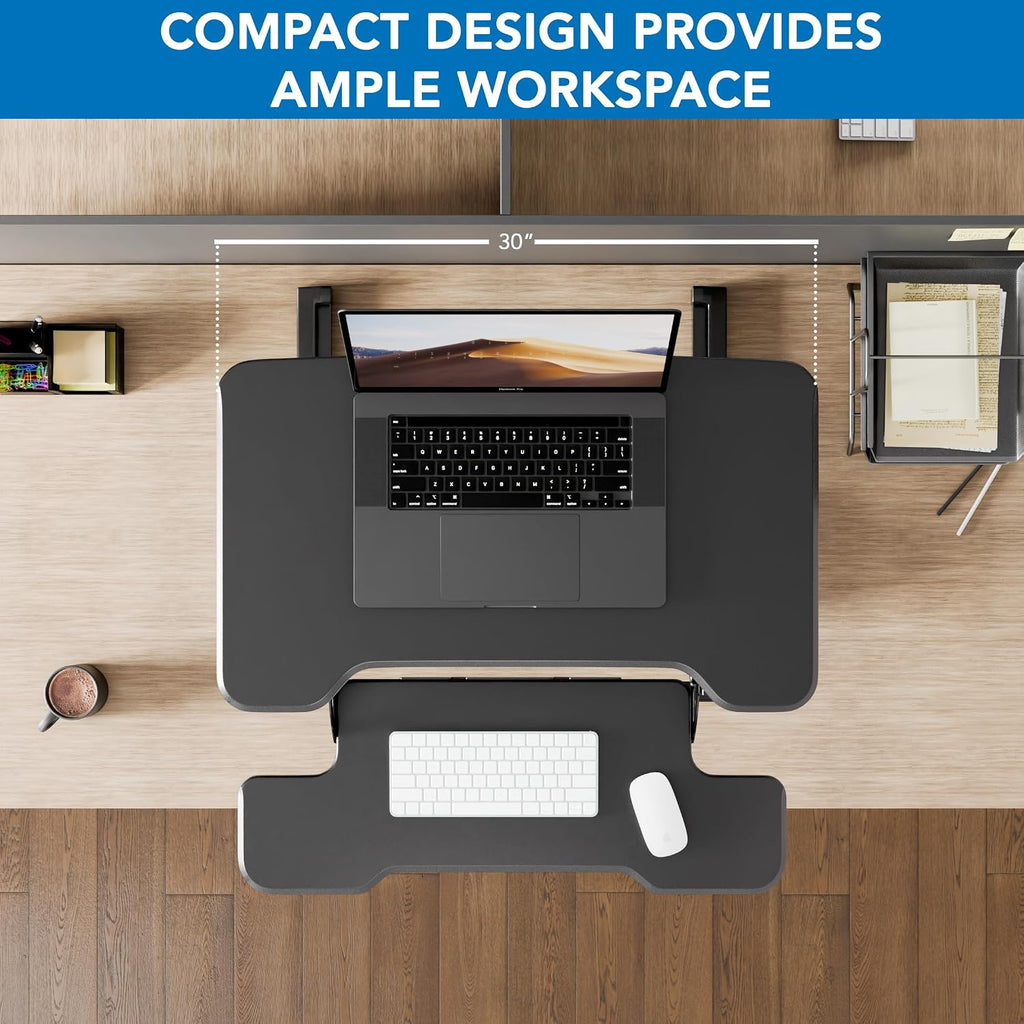 Mount-It! Height Adjustable Standing Desk Converter, Compact 30' Wide Tabletop Standing Desk Riser with Gas Spring, Desktop Stand Up Workstation with Keyboard Tray Fits Monitor or Laptop, Black