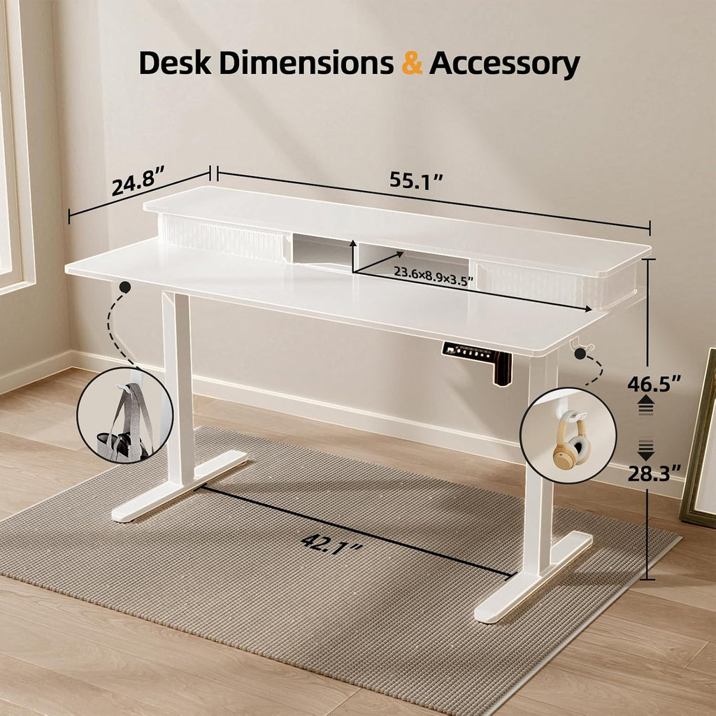 JOY worker Height Adjustable Electric Standing Desk with Storage Shelves, 55 Inch Desk with Built-in Monitor Stand, Sit Stand Workstation with 2 Hooks for Home Office, White