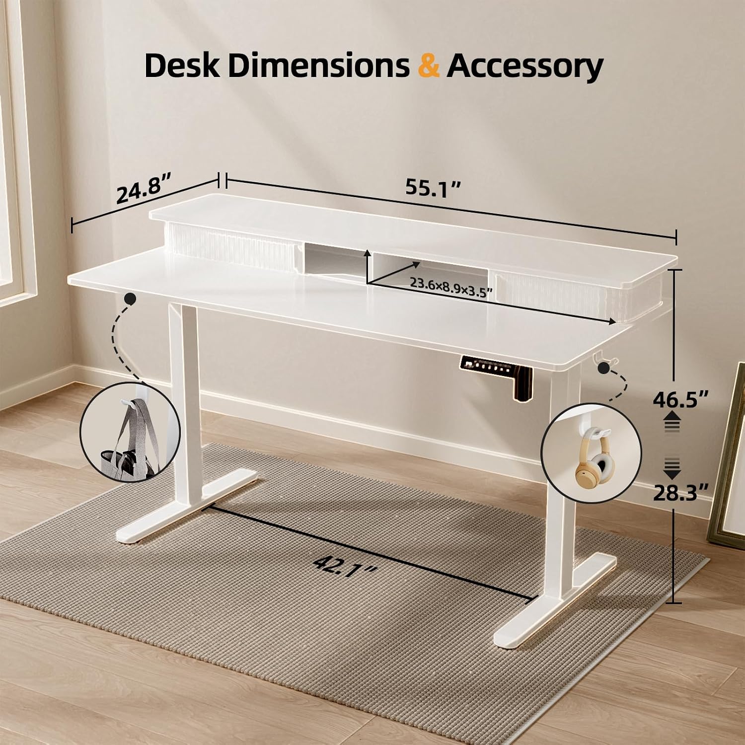 JOY worker Height Adjustable Electric Standing Desk with Storage Shelves, 55 Inch Desk with Built-in Monitor Stand, Sit Stand Workstation with 2 Hooks for Home Office, White