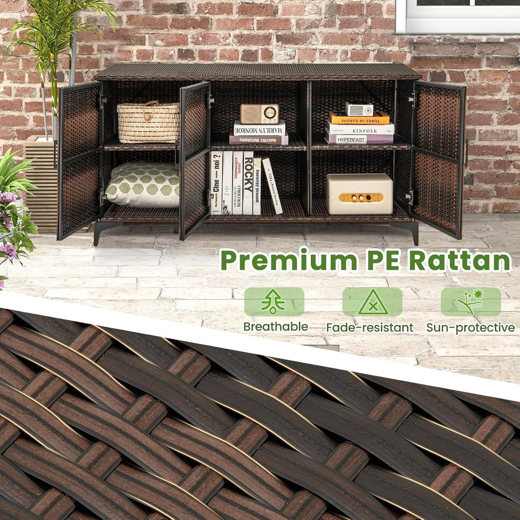 RELAX4LIFE 84-Gallon Outdoor Storage Box - Wicker Rattan 3-Door Patio Storage Cabinet Container w/Removable Shelves for Cushions, Garden Tools, Pool & Sports Equipment, Indoor Outdoor Deck Box (Brown)