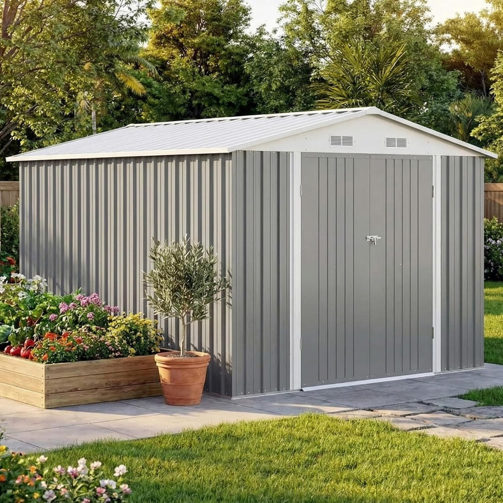Devoko 8x12 FT Outdoor Storage Shed, Metal Tool Shed with Lockable Door&Slooping Roof, Outside Large Utility Storage for Garden Backyard Patio(Gray)