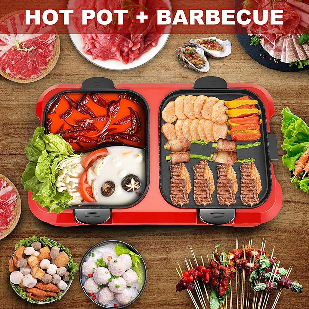 Electric Grill And Hot Pot,Fast Heat Hot Pot,Smokeless BBQ Grill Non-Stick Pan,Separate Dual Temperature Control,for 2-12 People,Red (Color : Red)