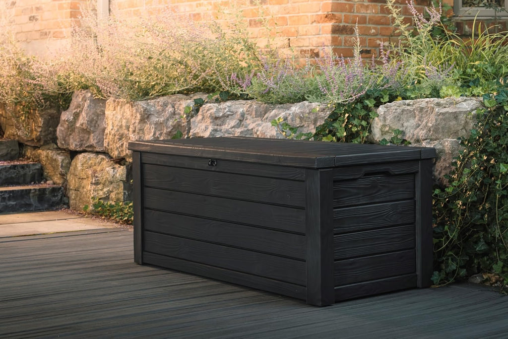 Keter Westwood 150 Gallon Resin Large Outdoor Storage Box for Patio Furniture, Outdoor Cushions, Garden Tools and Pool Floats, Dark Grey