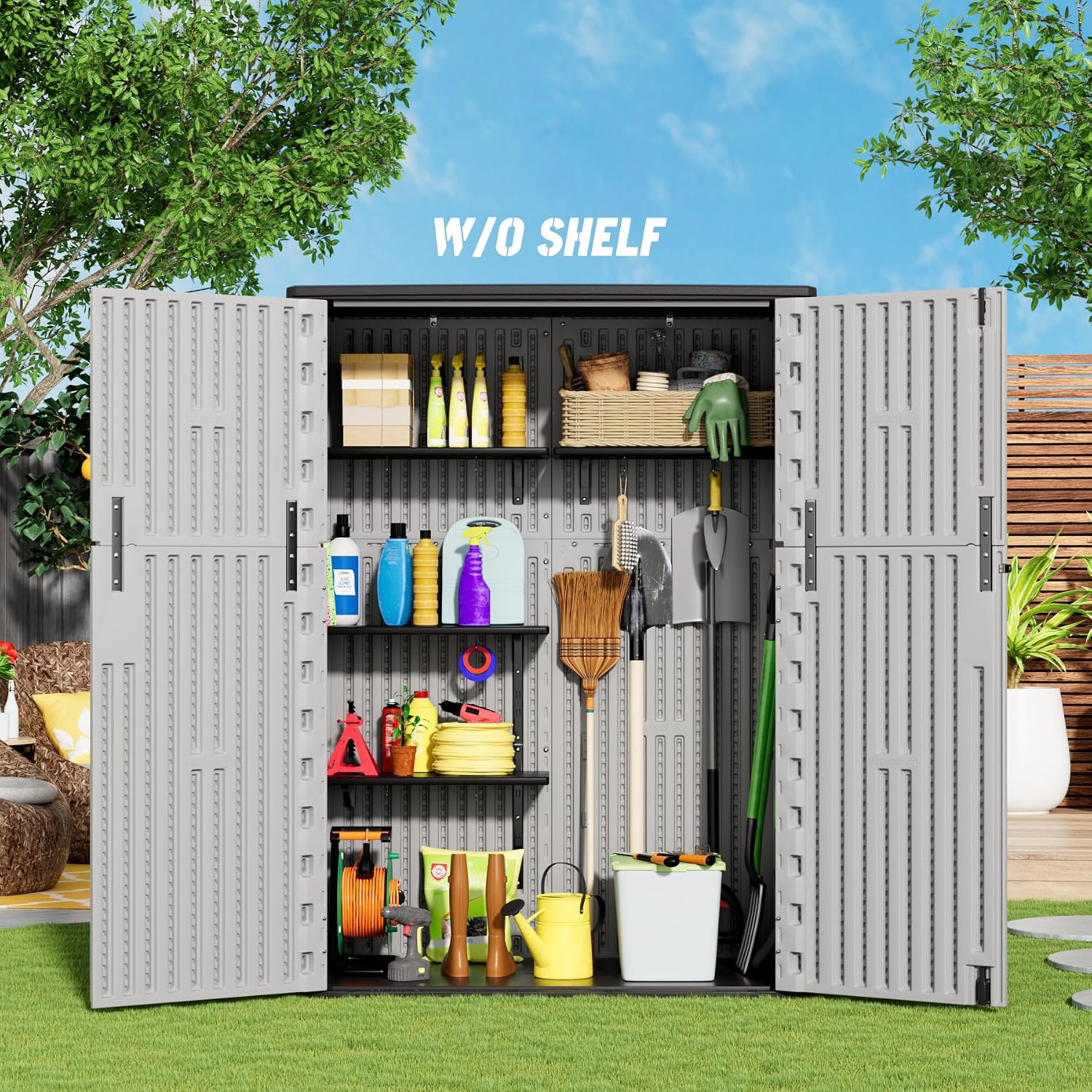 Mrosaa Vertical Storage Sheds with Floor, Sheds & Outdoor Storage Cabinet Waterproof for Garage Storage, Pool Storage, Bike Shed, Garden Shed 57Cu.ft Light Gray