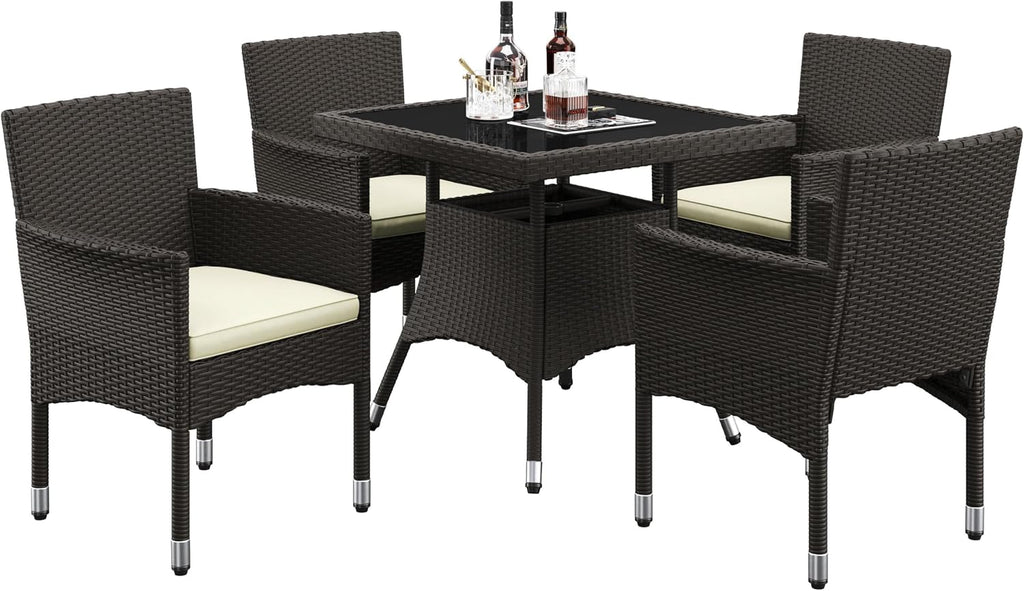 Yaheetech 5-Piece Patio Furniture Set, Outdoor Rattan 4 Dining Chairs & Tempered Glass Table with Umbrella Hole, for Garden Backyard Deck Balcony, Brown/Beige