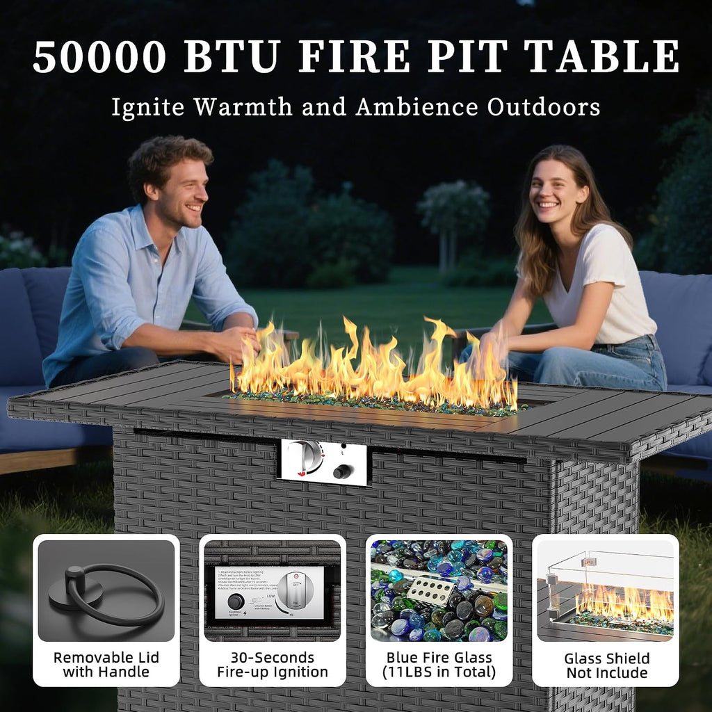 UDPATIO Patio Furniture Set with Fire Pit Table, Rocking Swivel Chairs, 5 Pieces Outdoor Furniture Sets, All-Weather Wicker Outdoor Sectional Sofa with Waterproof Cover, 4'' Thickened Cushion, Khak