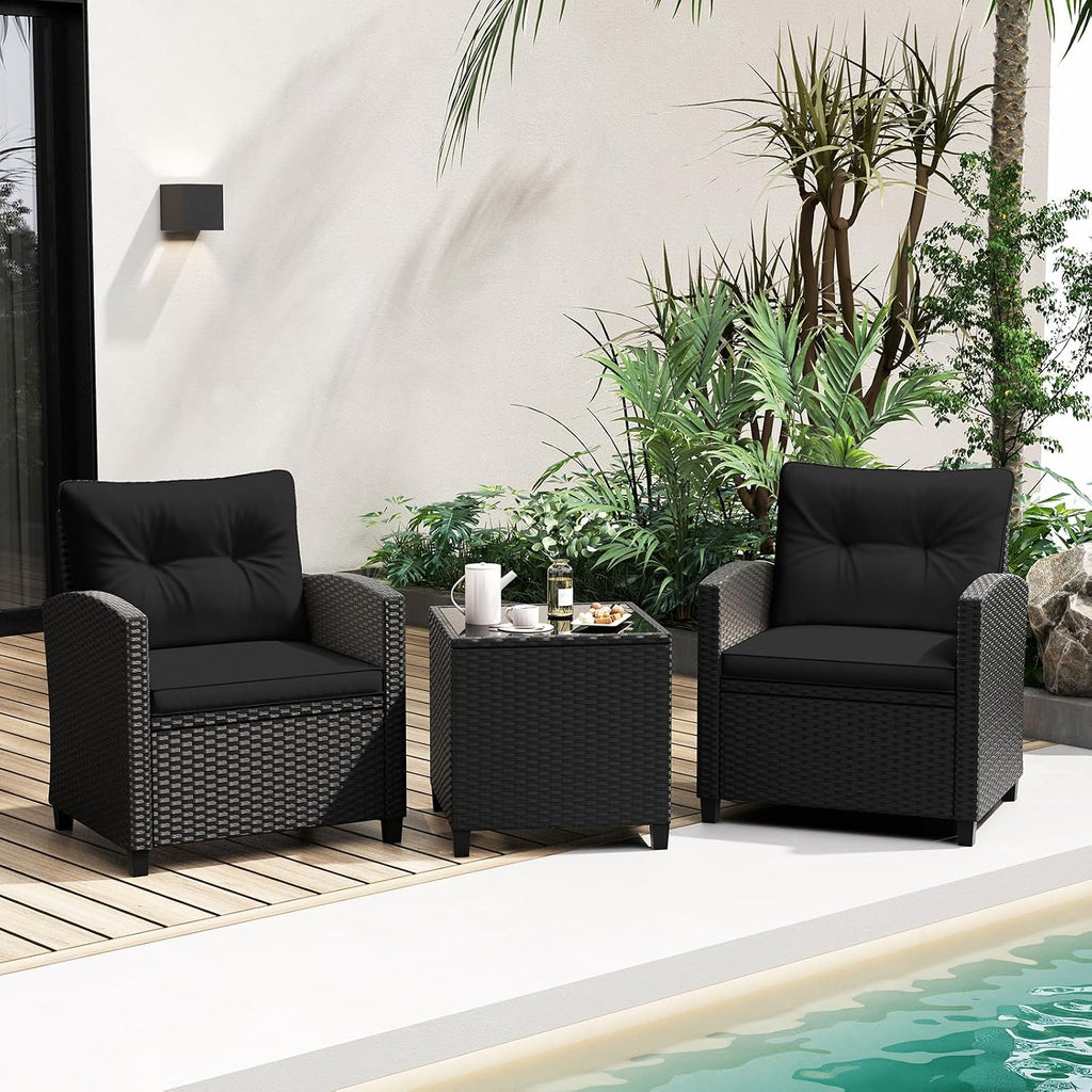 Tangkula 3 Piece Patio Furniture Set, Rattan Conversation Set w/Soft Seat & Back Cushions, Tempered Glass Topped Coffee Table, Cushioned Wicker Seating Set for Backyard, Porch, Poolside (Black)