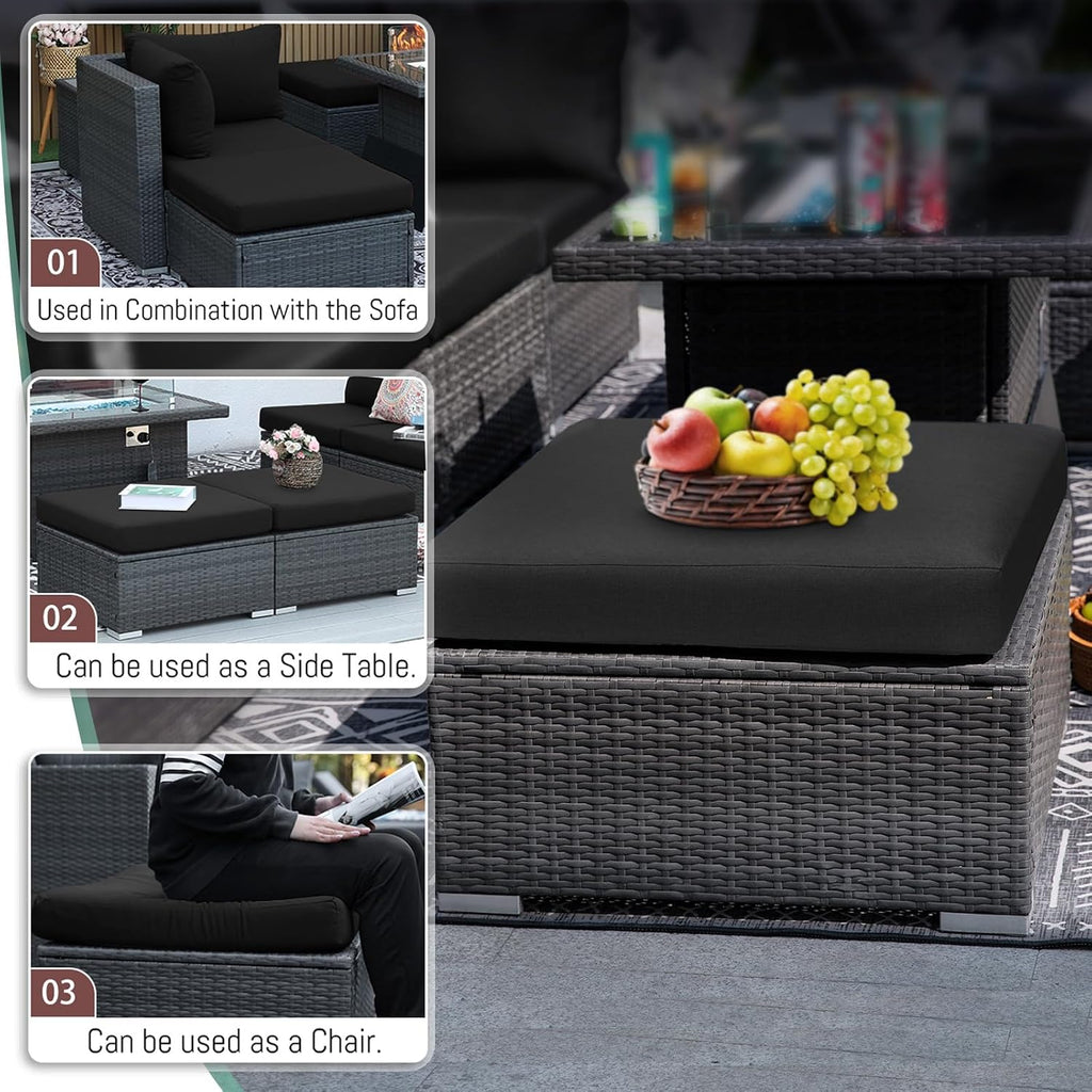 RADIATA 7Pcs Outdoor Patio Furniture Set with Fire Pit, Modern Comfortable Outside Sectional Couch High Back Oversized Wide Deep 6-Seats, Modular All-Weather Heavy Duty Wicker Sofa Set, Grey&Black