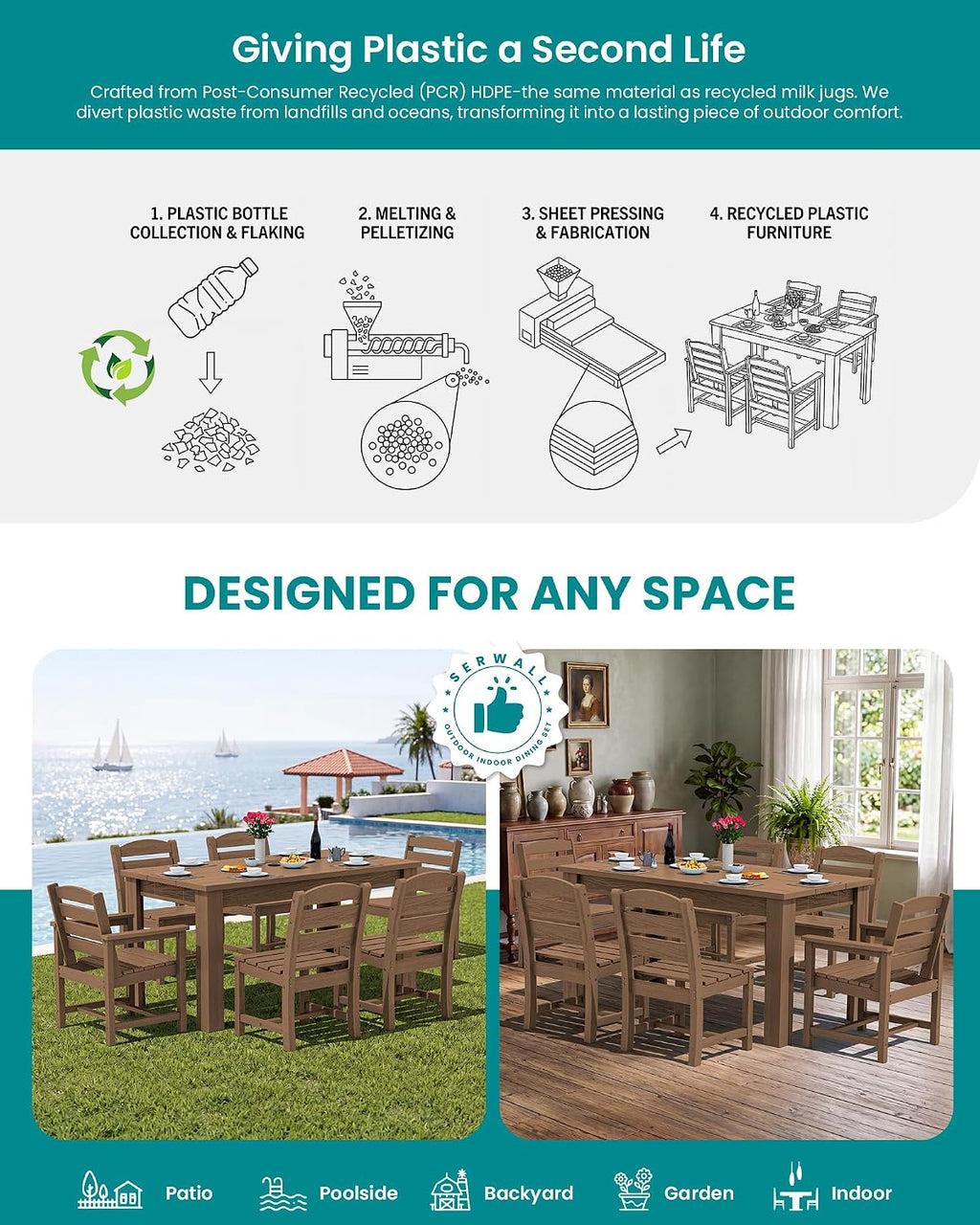 SERWALL Patio Dining Chair, All Weather Dining Chair Set of 2, Outdoor Dining Chair with Widened Seat, Brown