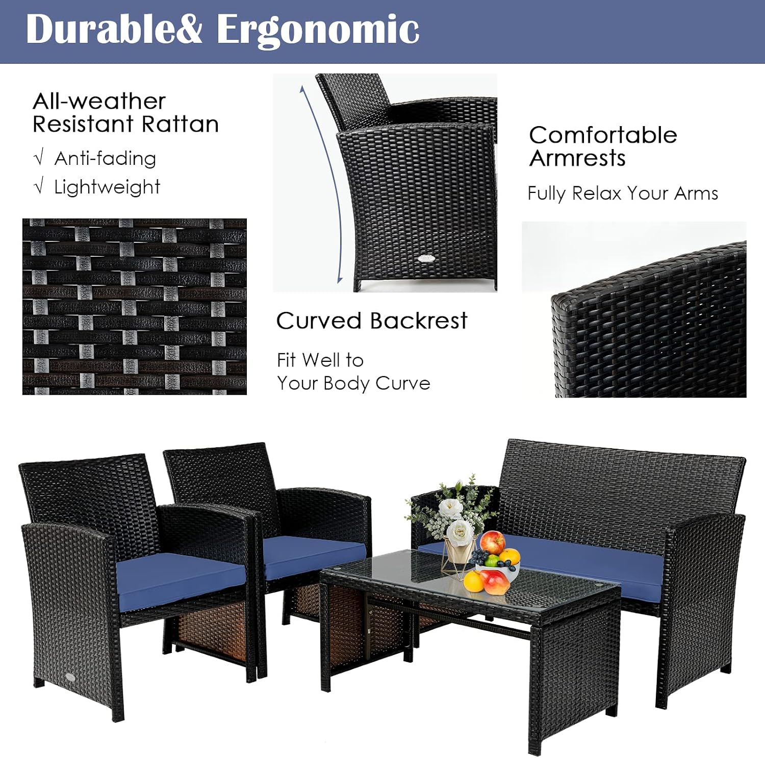 Tangkula 4 Pieces Rattan Furniture Set, Outdoor Conversation Set w/Chair & Loveseat & Tempered Glass Coffee Table, Suitable for Garden, Backyard, Poolside, Patio Furniture Set for 4 (1, Blue)