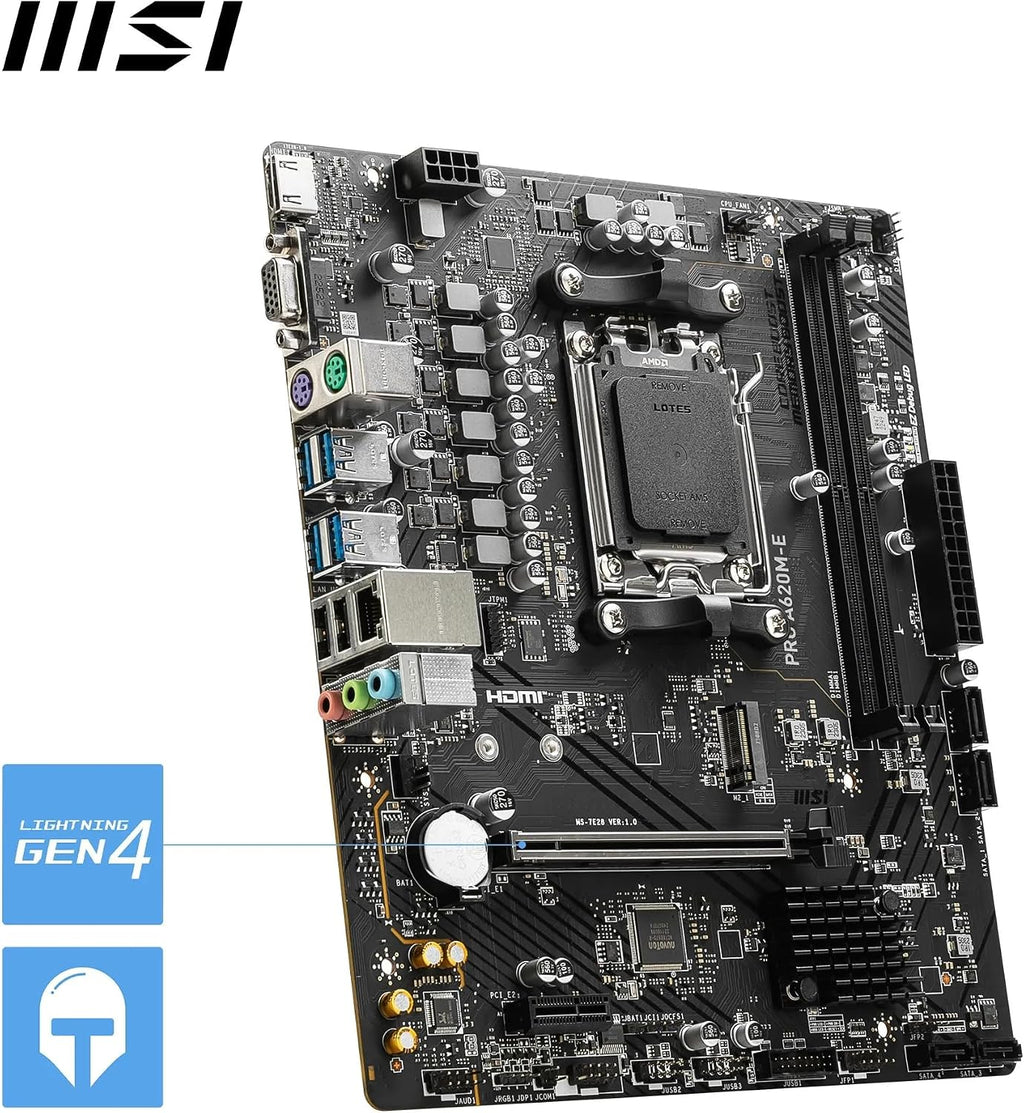 MSI PRO A620M-E Motherboard, Micro-ATX - Supports AMD Ryzen 7000 Series Processors, AM5 - DDR5 Memory Boost 6400+MHz/OC, 1 x PCIe 4.0 x16, 1 x M.2 Gen4