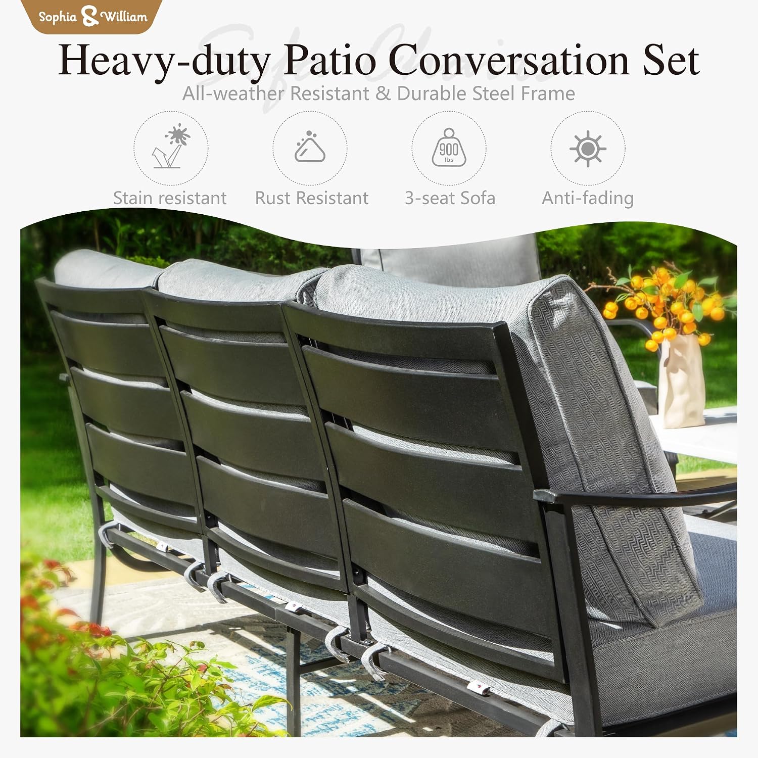Sophia & William Patio Furniture Sets 5 Seats Outdoor Metal Conversation Sets 4 Pcs with 2 x Cushioned Swivel Sofa Chairs,1 x 3-Seat Sofa, 1x Marbling Metal Coffee Table Lawn Backyard Poolside Grey