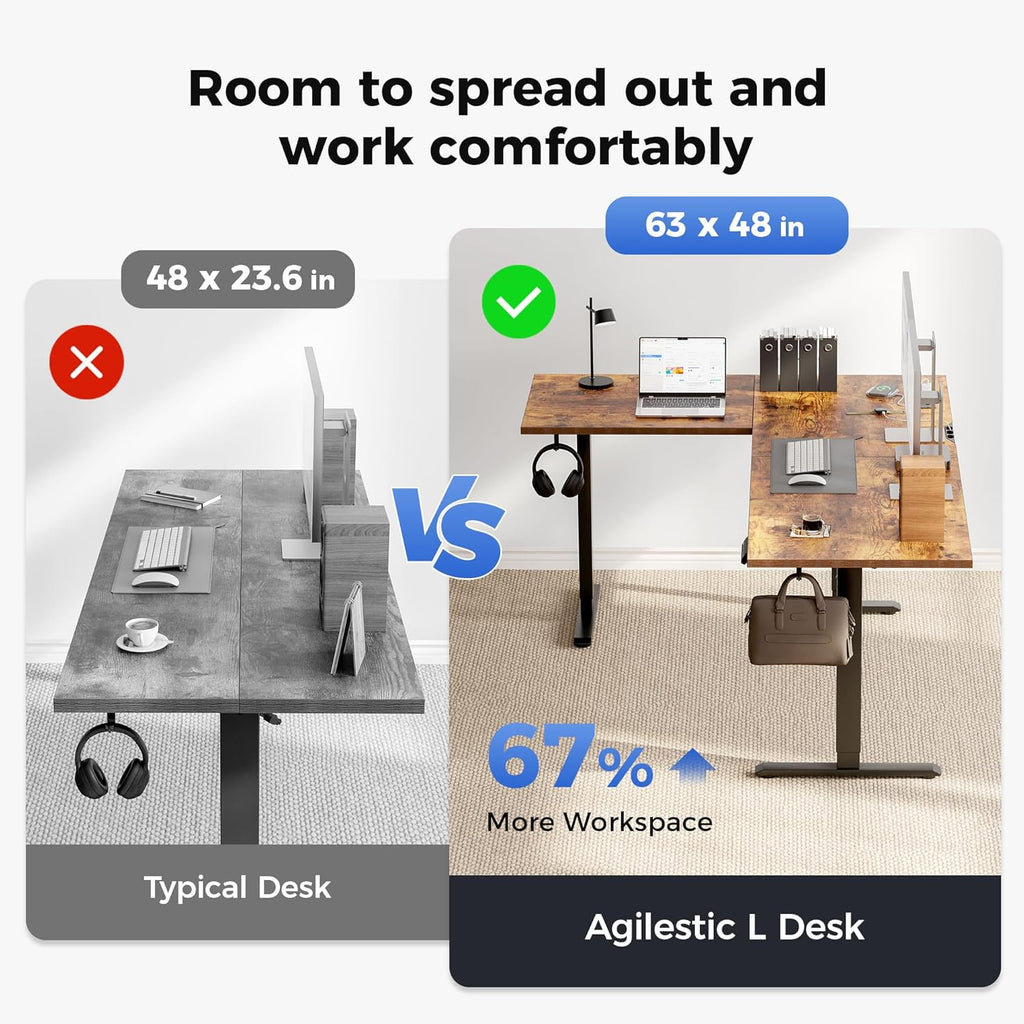 Agilestic Electric L Shaped Standing Desk 63 x 48 Inch with Power Outlet, Height Adjustable Corner Stand up Desk with Cable Management,Sit Stand Home Office Workstation with Splice Board, Rustic Brown