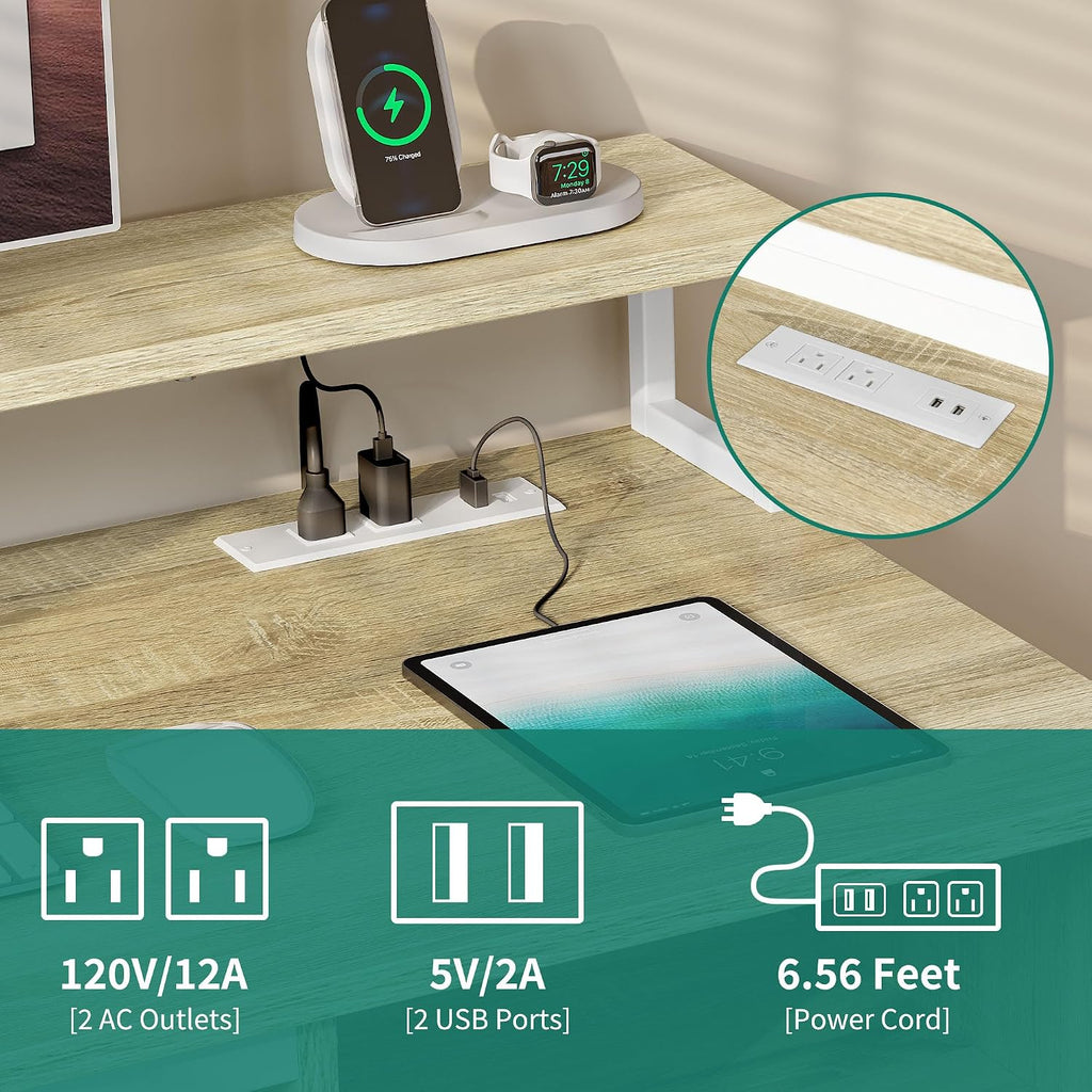 DWVO Computer Desk with Drawers, 55' Office Desk with Power Outlets & LED Light, Home Office Desk with Storage Shelves, White & Oak