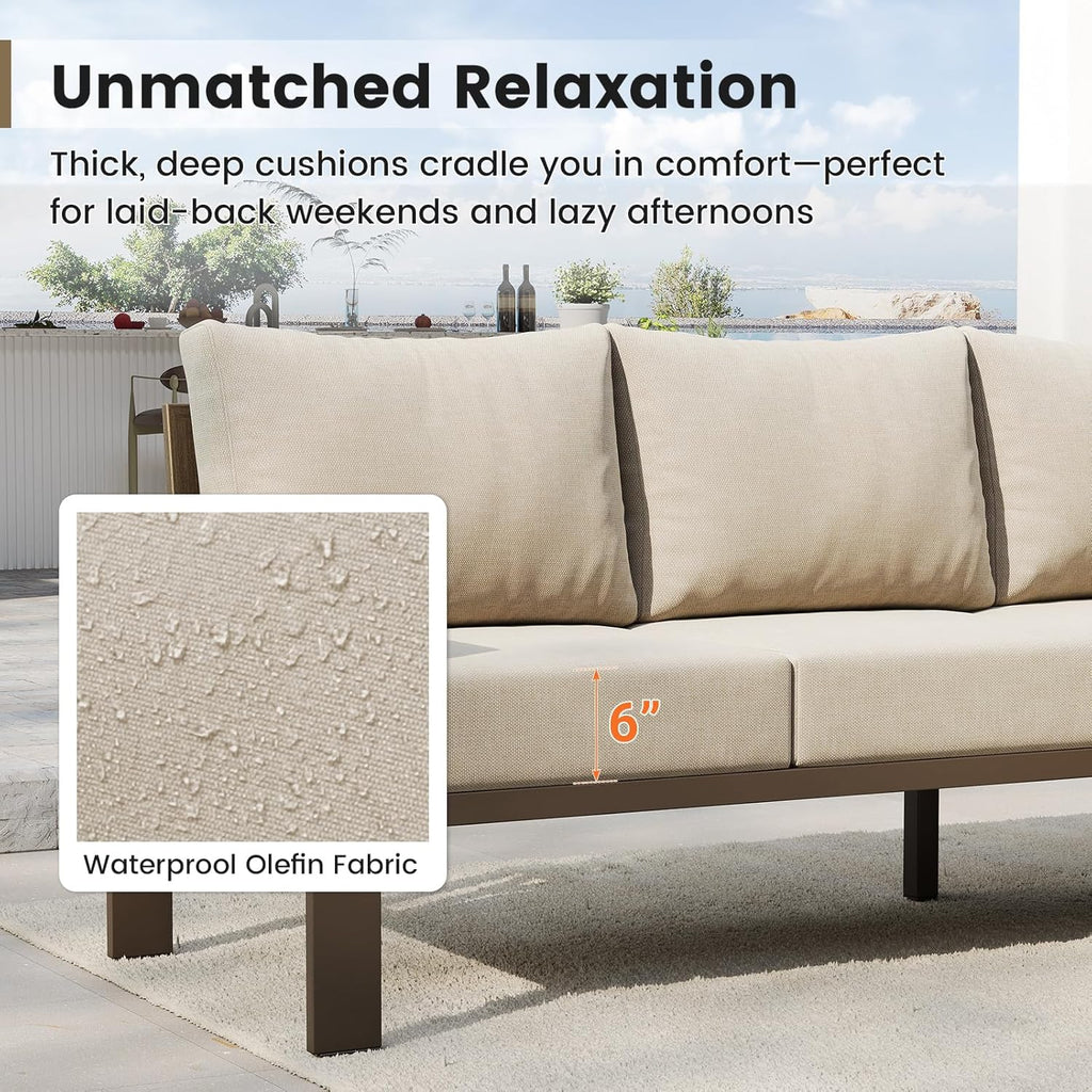 UDPATIO 6 Piece Patio Furniture Set, Metal Outdoor Sectional Sofa with 6' Thick Olefin Cushions, Wide Armrest & Coffee Table, L Shaped Outdoor Furniture for Garden, Backyard Beige