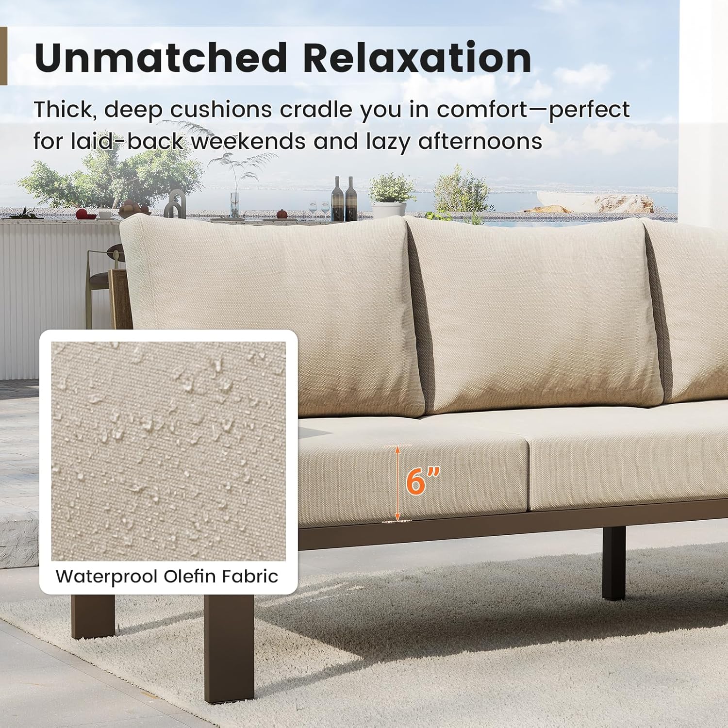 UDPATIO 6 Piece Patio Furniture Set, Metal Outdoor Sectional Sofa with 6' Thick Olefin Cushions, Wide Armrest & Coffee Table, L Shaped Outdoor Furniture for Garden, Backyard Beige