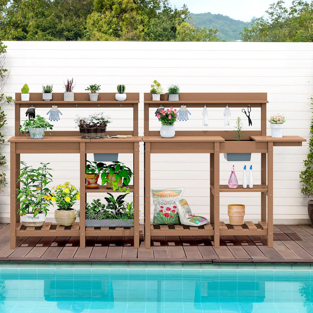 SERWALL Outdoor Potting Bench with Removeable Sink,Rot-Resistant HDPE Potting Table for Outside Gardening, All Weather Use - Brown
