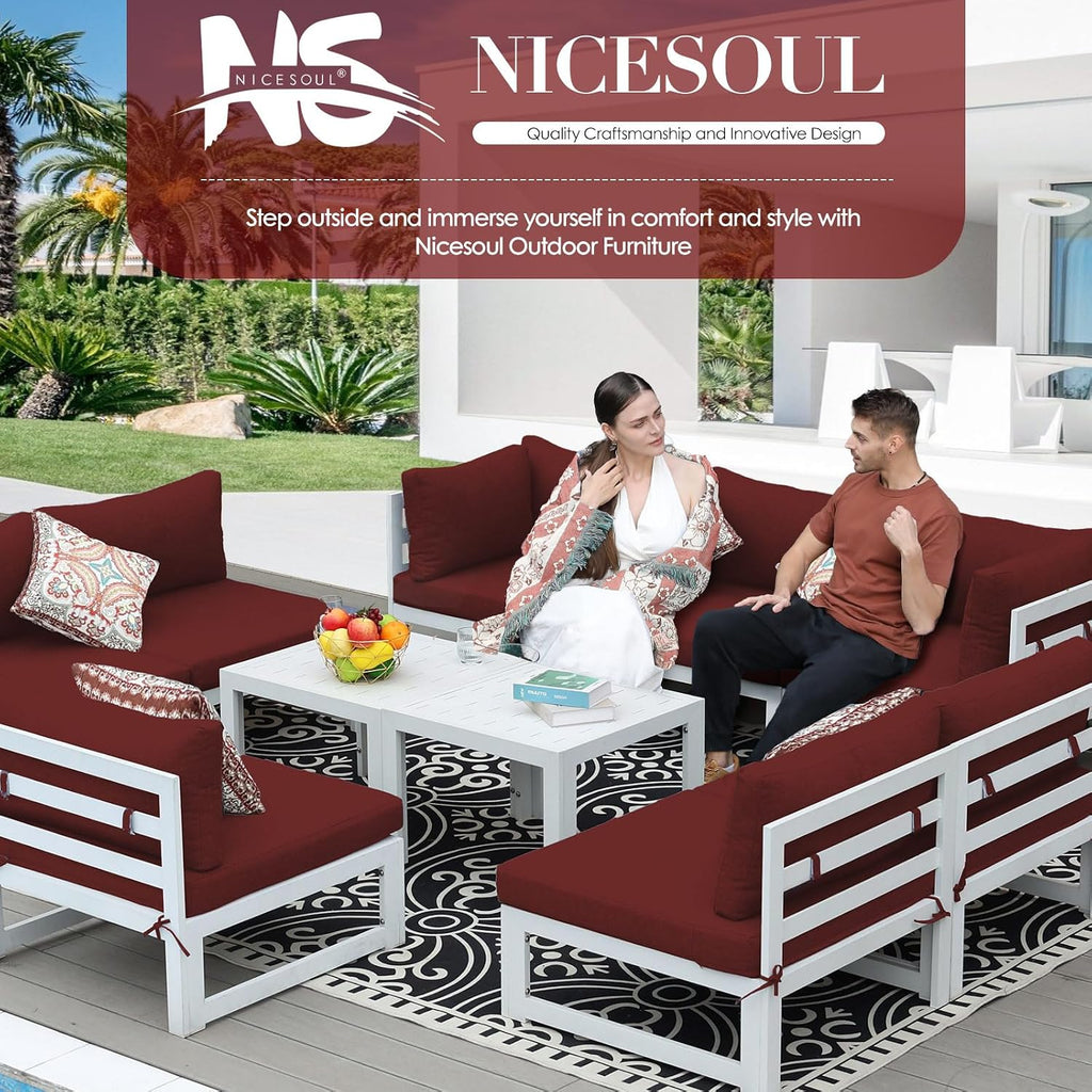 NICESOUL 6 Person Modern Aluminum Outdoor Patio Furniture Set, 29' Wide Deep Seating, Fade & Water Resistant L Shaped Modular Sectional Couch, Large Comfy Conversation Set for Backyard Terrace, Red