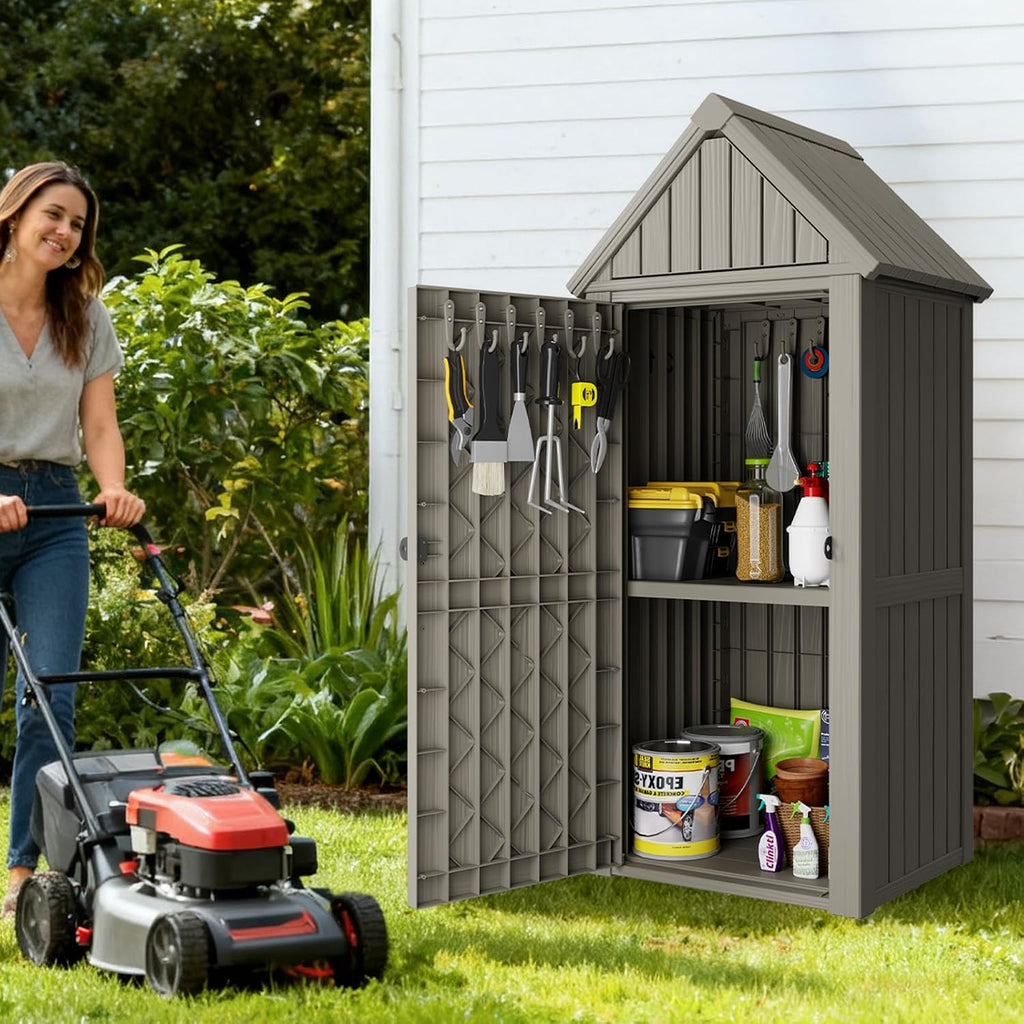 Outdoor Resin Storage Shed, Outdoor Storage Cabinet Waterproof with Hooks and Lock Ring, Multifunctional Storage Shed with Floor and Removable Shelves, All Weather Tool Shed for Patio, Lawn, Brown