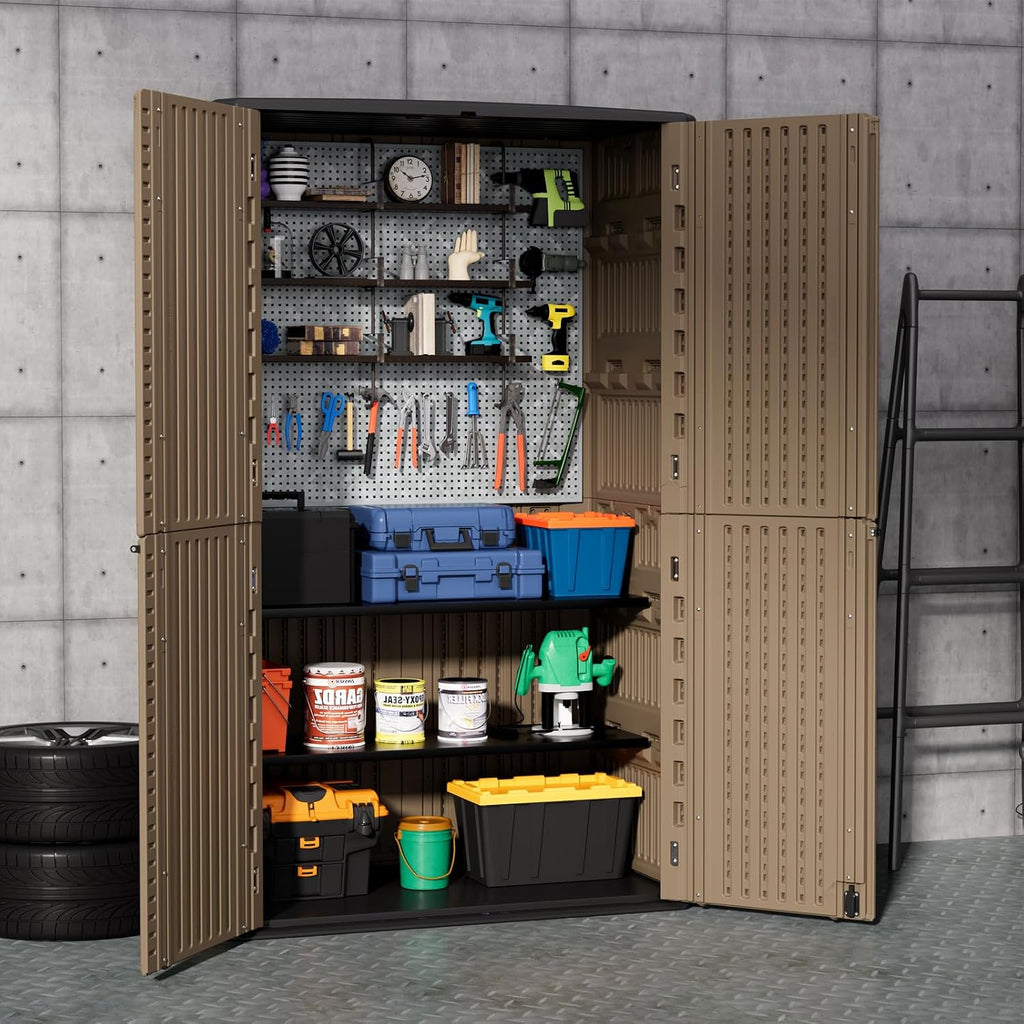 ZZM Large 67 Cu.ft Waterproof Storage Shed, Outdoor Storage Cabinet，Durable Resin Sheds for Patio Furniture, Garden Tools, Pool Accessories, Mower Storage (Coffee)