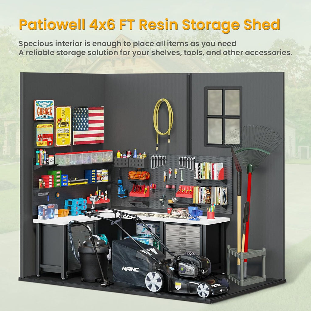 Patiowell 4 x 6 Resin Storage Shed with Floor, Outdoor Plastic Garden Shed with Lockable Door & Window, Easy Assembly Tool Shed for Backyard, Dark Gray