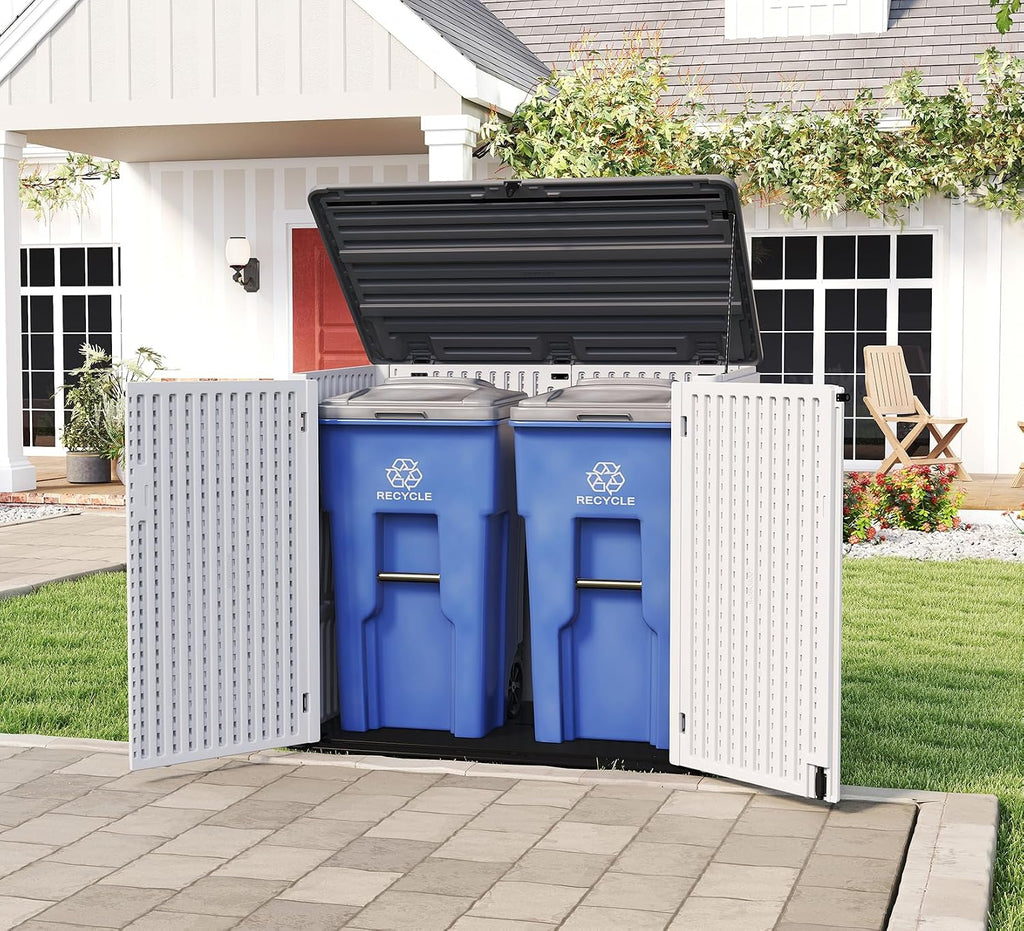 HOMSPARK Storage Shed Weather Resistance, Multi-Purpose Outdoor Storage Cabinet for Backyards and Patios, Horizontal Storage Shed for Lawnmower, Patio Accessories (Off-White, Large - 48 cu.ft)