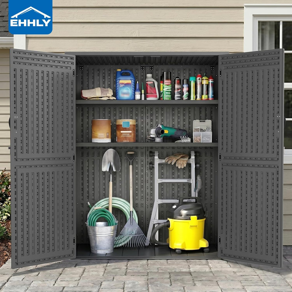 EHHLY Vertical Resin Storage Shed with 2 Shelves, 60 Cuft Garden Tool Sheds & Outdoor Storage, Plastic Outdoor Storage Cabinet Waterproof, 4.5 x 2.3 ft Backyard Outside Lawn Mower Storage Shed, Grey