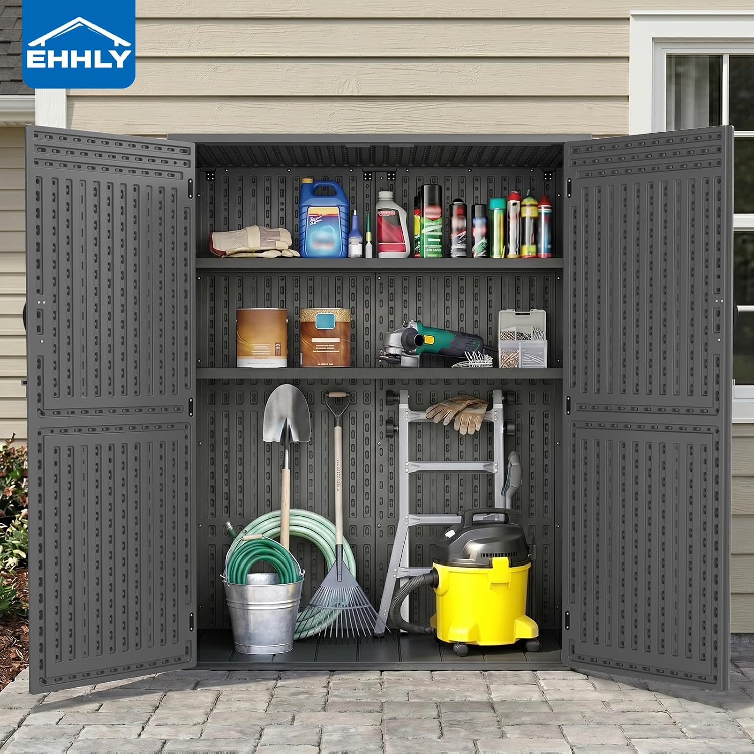 EHHLY Vertical Resin Storage Shed with 2 Shelves, 60 Cuft Garden Tool Sheds & Outdoor Storage, Plastic Outdoor Storage Cabinet Waterproof, 4.5 x 2.3 ft Backyard Outside Lawn Mower Storage Shed, Grey