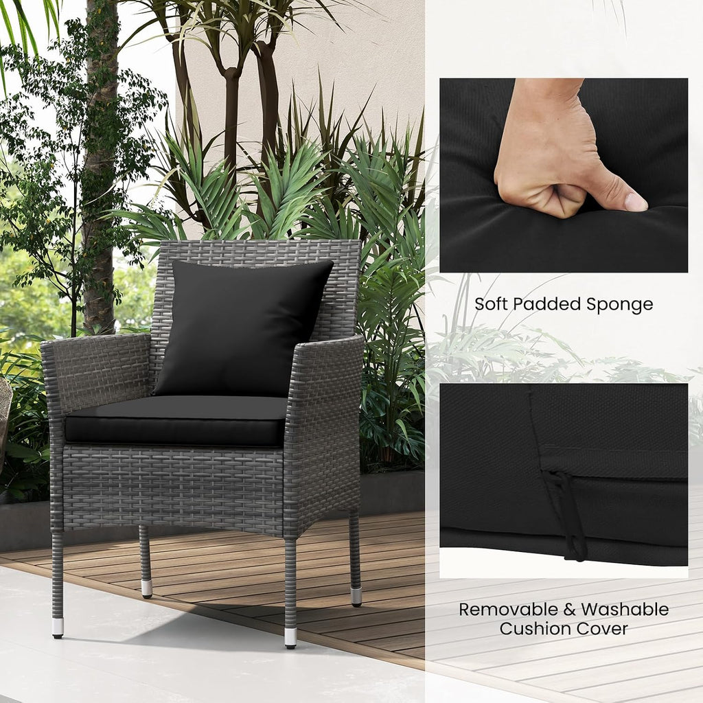 RELAX4LIFE 3-Piece Patio Furniture Set - Rattan Wicker Outdoor Furniture w/Cushions & Tempered Glass Coffee Table, Small Conversation Bistro Table and Chairs Set of 2 for Garden Porch Balcony (Black)