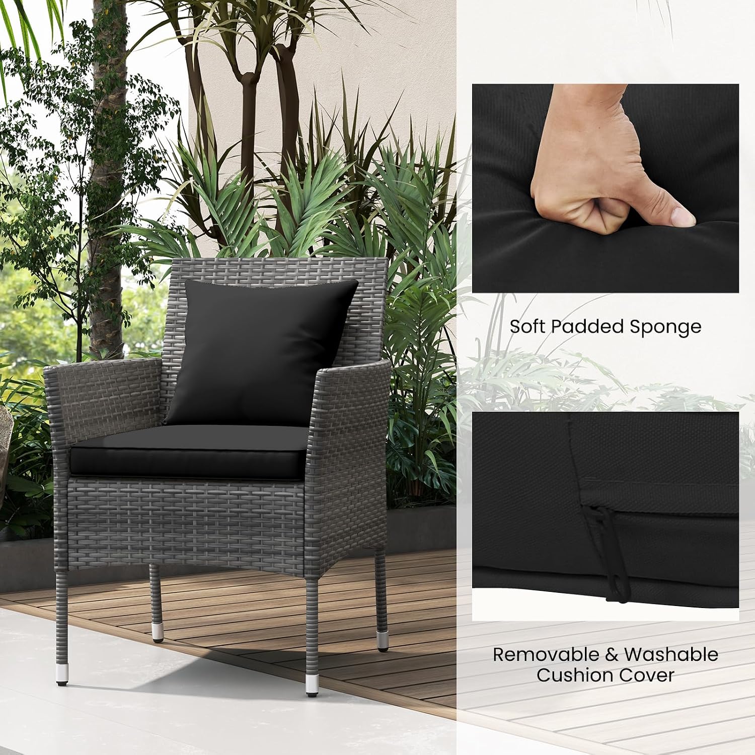 RELAX4LIFE 3-Piece Patio Furniture Set - Rattan Wicker Outdoor Furniture w/Cushions & Tempered Glass Coffee Table, Small Conversation Bistro Table and Chairs Set of 2 for Garden Porch Balcony (Black)