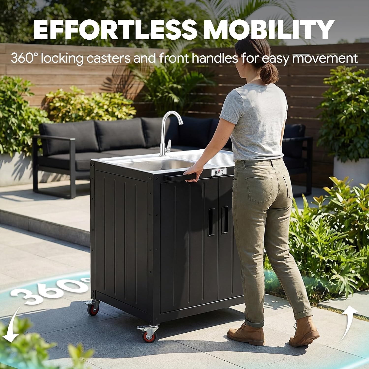 Feasto Outdoor Kitchen Island with Stainless Steel Sink and Storage Cabinet, 35-Inch BBQ Prep Station with Faucet & Lockable Wheels for Patio, Backyard, and Outdoor Cooking, Black & Silver