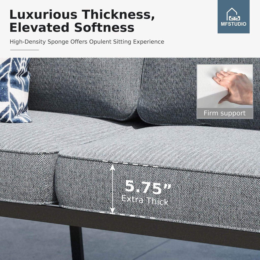 MFSTUDIO 4 Pieces Patio Conversation Set, 5 Seats Metal Patio Furniture Sets with 1 x 3-Seat Sofa, 2 Single Chairs,1 Coffee Table, All Weather Steel Patio Sets with 5.75inch Grey Cushion for Garden