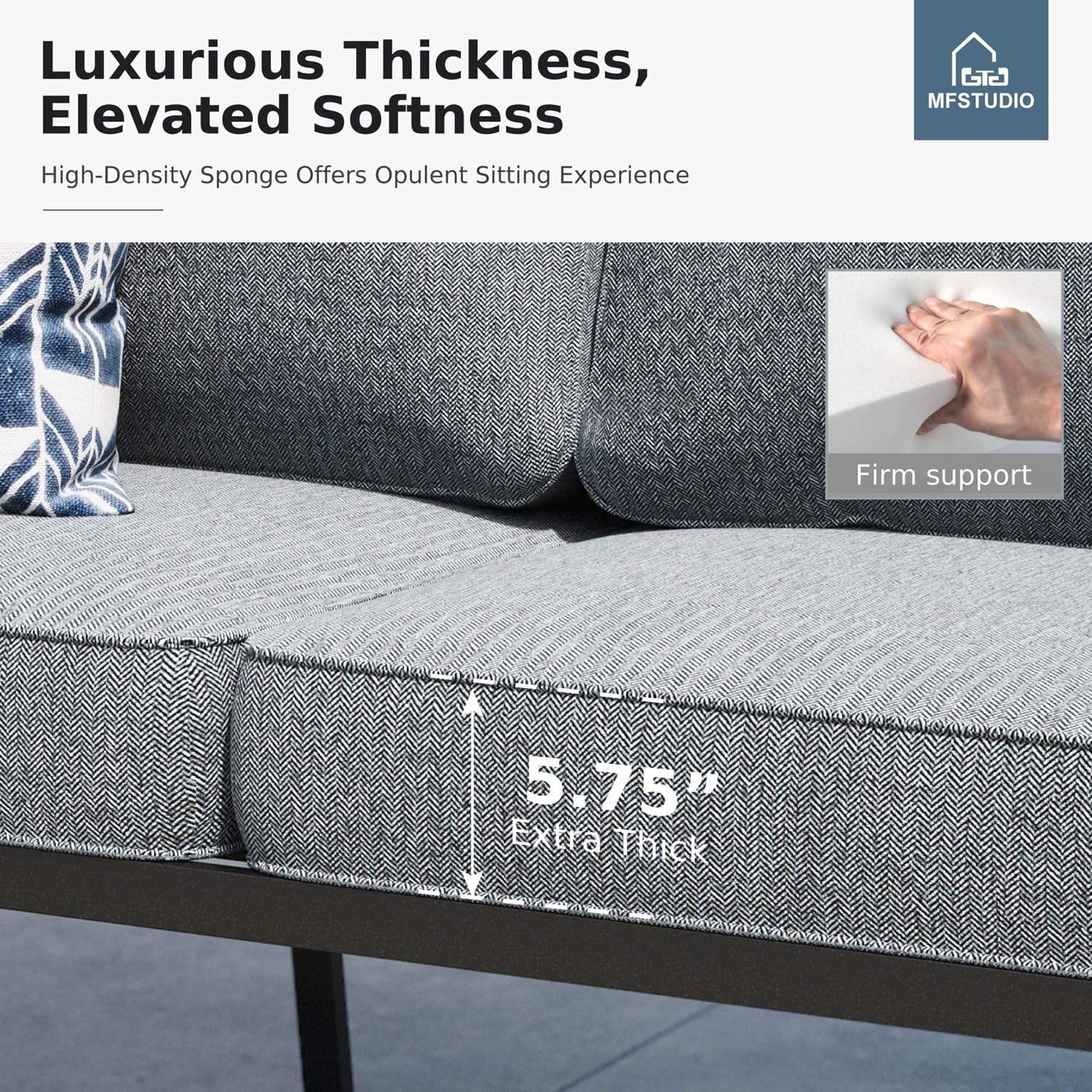 MFSTUDIO 4 Pieces Patio Conversation Set, 5 Seats Metal Patio Furniture Sets with 1 x 3-Seat Sofa, 2 Single Chairs,1 Coffee Table, All Weather Steel Patio Sets with 5.75inch Grey Cushion for Garden