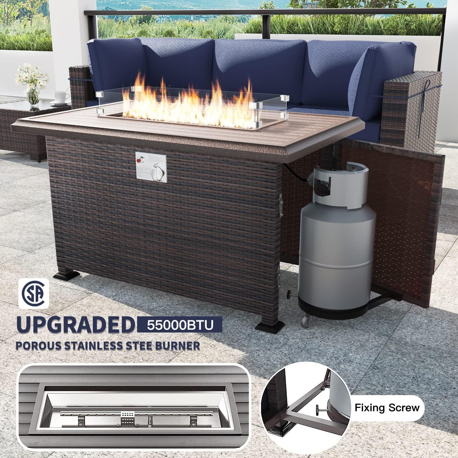 Kullavik 8 Pieces Outdoor Patio Furniture Set with 43' 55000BTU Gas Propane Fire Pit Table PE Wicker Rattan Sectional Sofa Patio Conversation Sets,Navy Blue