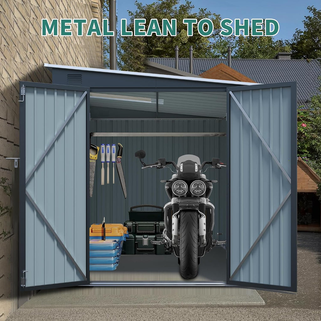 YOPTO 6x8 FT Lean to Outdoor Storage Shed,Metal Shed W/Translucent Panel,Garden Tool Storage House W/Air Vents,Lockable Double Doors & Sloped Roof,for Backyard,Patio,Lawn,Carbon Black