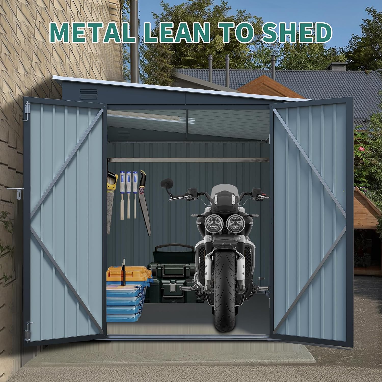 YOPTO 6x8 FT Lean to Outdoor Storage Shed,Metal Shed W/Translucent Panel,Garden Tool Storage House W/Air Vents,Lockable Double Doors & Sloped Roof,for Backyard,Patio,Lawn,Carbon Black