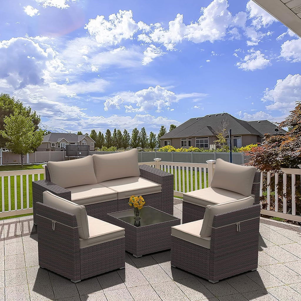 Kullavik Outdoor Patio Furniture Set 6 Pieces Sectional Rattan Sofa Set Brown PE Rattan Wicker Patio Conversation Set with 5 Seat Cushions and 1 Tempered Glass Table,Sand